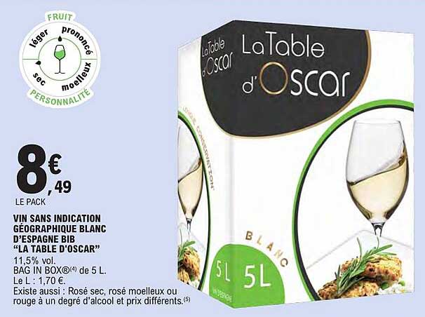VIN SANS INDICATION GEOGRAPHIQUE BLANC D’ESPAGNE BIB "LA TABLE D’OSCAR"