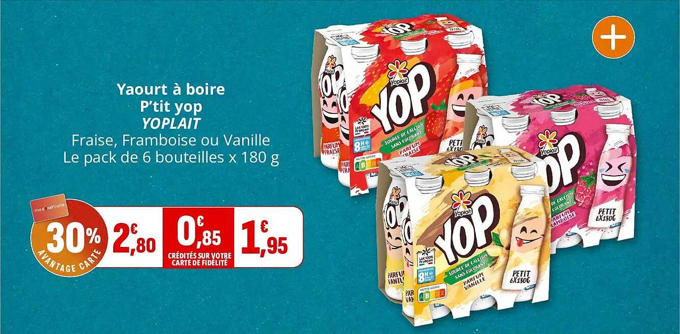 Yaourt à boire P'tit yop YOPLAIT Fraise, Framboise ou Vanille Le pack de 6 bouteilles x 180 g