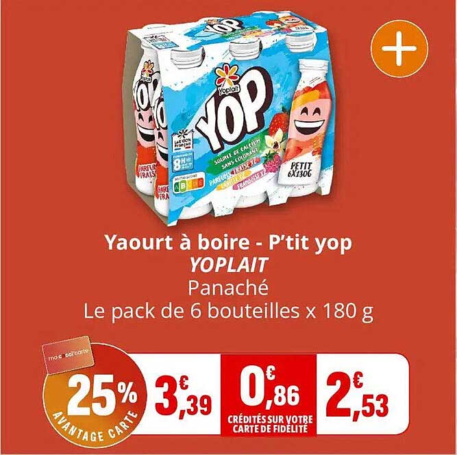 Yaourt à boire - P’tit yop YOPLAIT Panaché Le pack de 6 bouteilles x 180 g