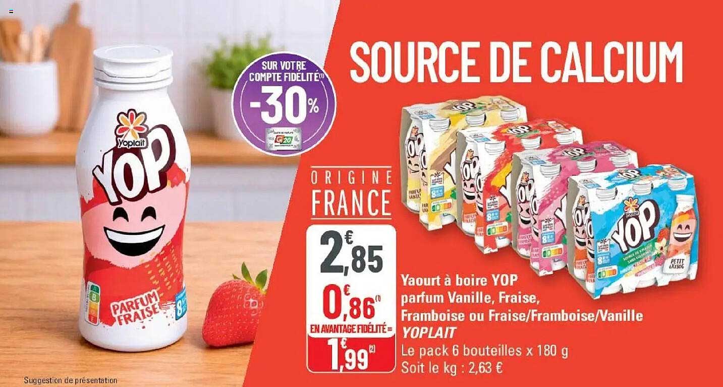 Yaourt à boire YOP parfum Vanille, Fraise, Framboise ou Fraise/Framboise/Vanille