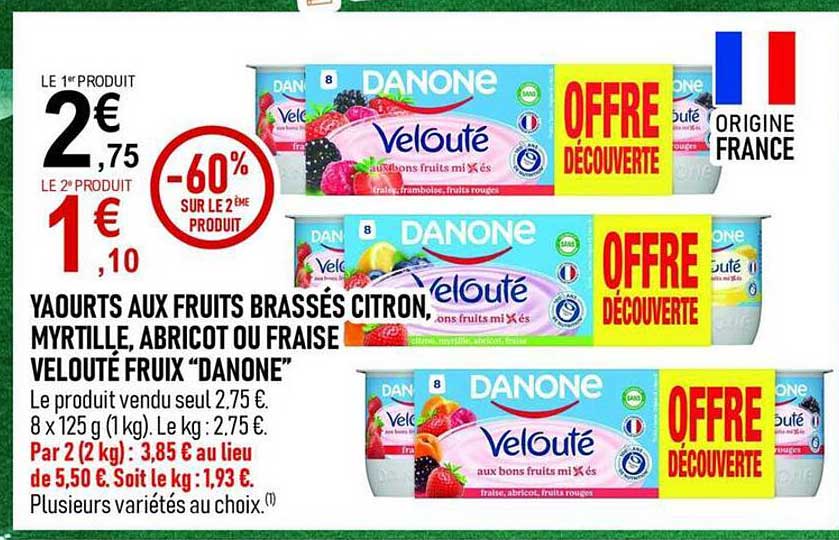 YAOURTS AUX FRUITS BRASSÉS CITRON, MYRTILLE, ABRICOT OU FRAISE VELOUTÉ FRUIX “DANONE”