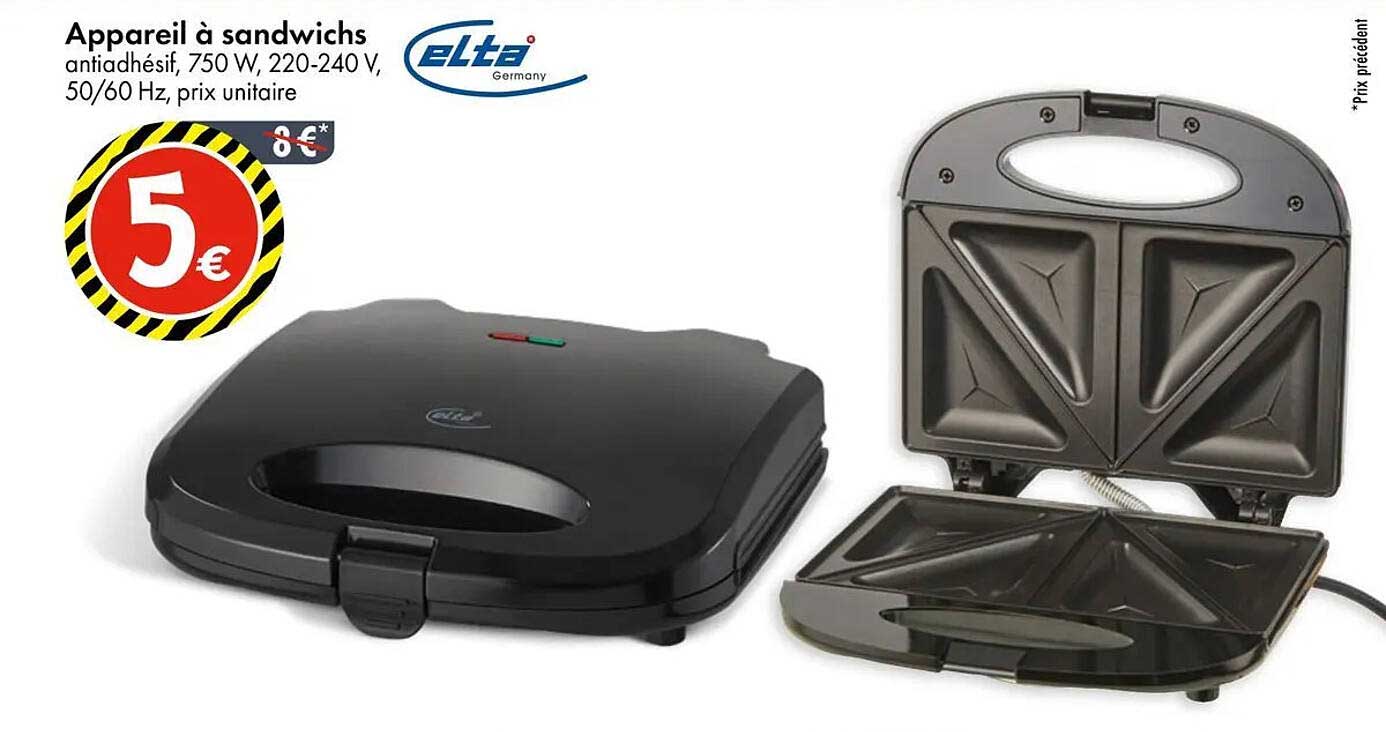 Appareil à sandwichs antiadhésif, 750 W, 220-240 V, 50/60 Hz, prix unitaire