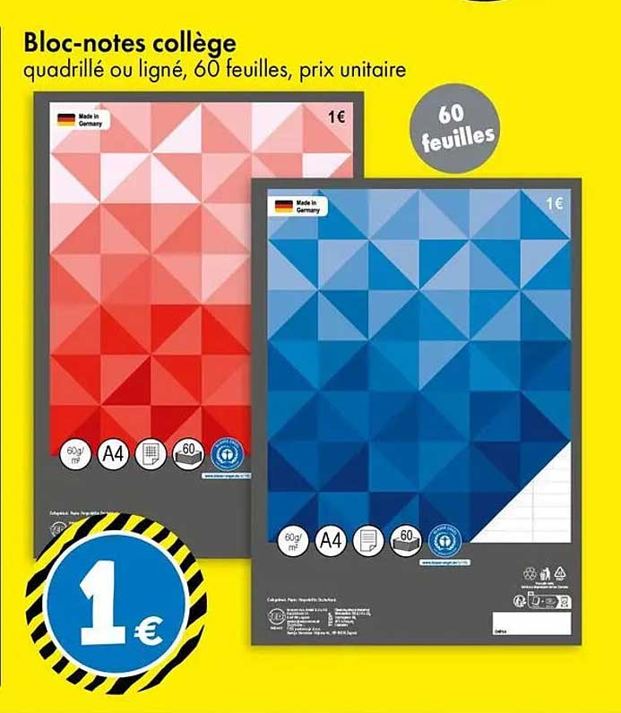 Bloc-notes collège quadrillé ou ligné, 60 feuilles, prix unitaire