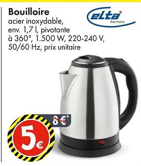 Bouilloire acier inoxydable, env. 1,7 l, pivotante à 360°, 1.500 W, 220-240 V, 50/60 Hz, prix unitaire
