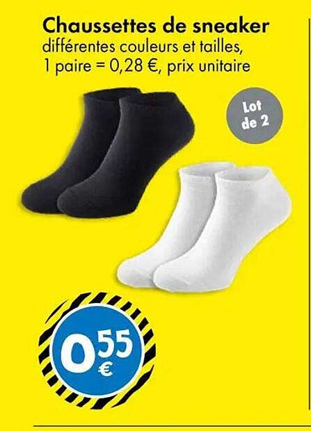 Chaussettes de sneaker différentes couleurs et tailles, 1 paire = 0,28 €, prix unitaire