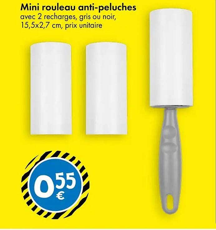 Mini rouleau anti-peluches avec 2 recharges, gris ou noir, 15,5x2,7 cm, prix unitaire