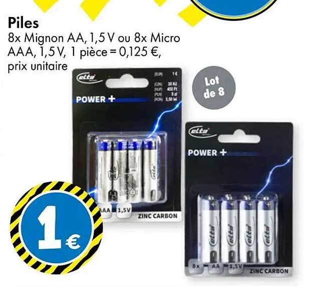 Piles 8x Mignon AA, 1,5 V ou 8x Micro AAA, 1,5 V, 1 pièce = 0,125 €, prix unitaire