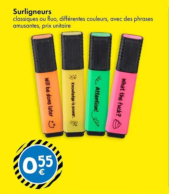 Surligneurs classiques ou fluo, différentes couleurs, avec des phrases amusantes, prix unitaire