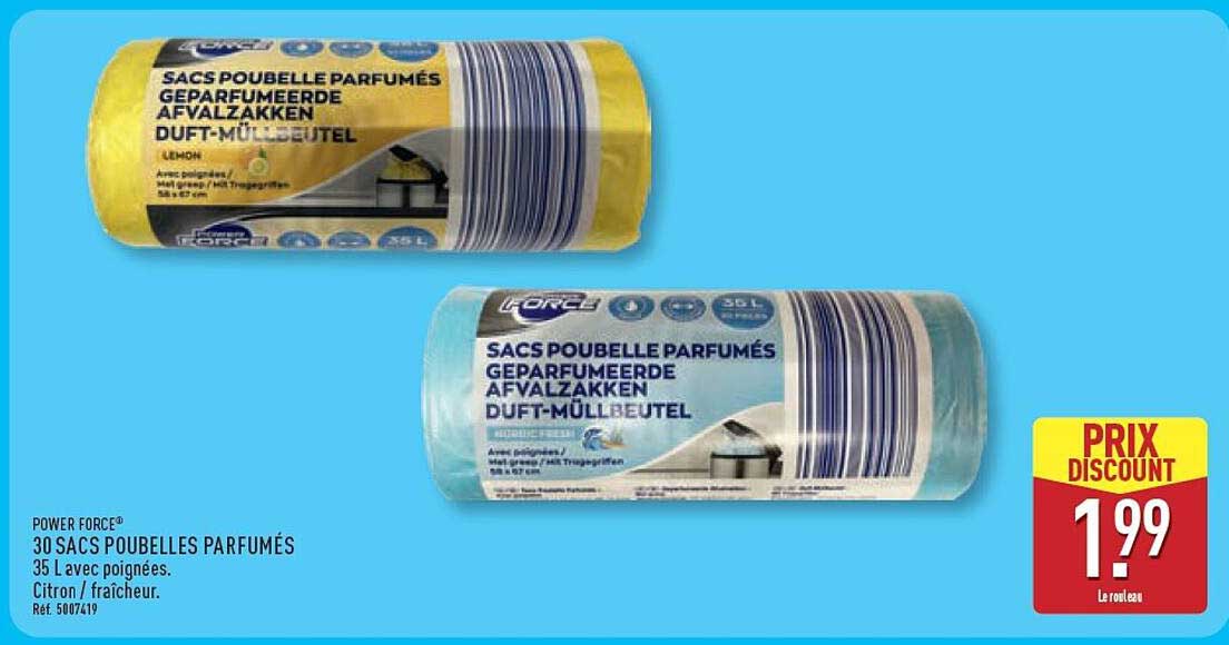 30 SACS POUBELLES PARFUMÉS 35 L avec poignées. Citron / fraîcheur.