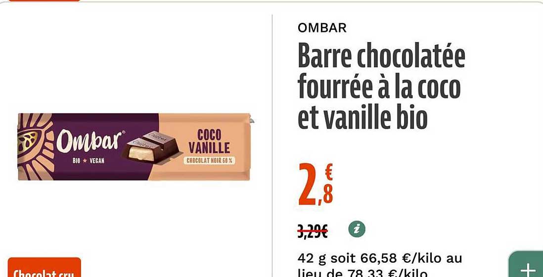 Barre chocolatée fourrée à la coco et vanille bio