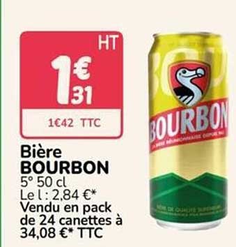 Bière BOURBON 5° 50 cl Le L : 2,84 €* Vendu en pack de 24 canettes à 34,08 €* TTC