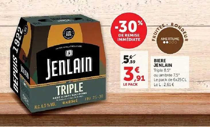 BIERE JENLAIN Triple 8,5° ou ambrée 7,5° Le pack de 6x25CL Le L : 2,61 €