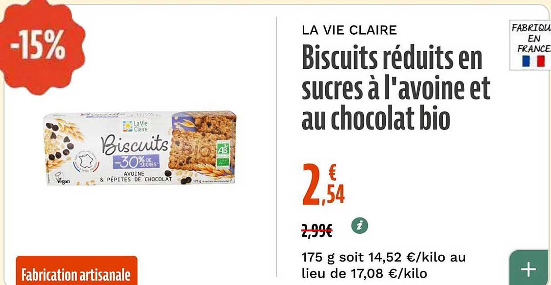 Biscuits réduits en sucres à l'avoine et au chocolat bio