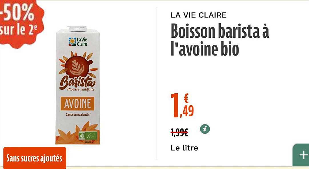 Boisson barista à l’avoine bio