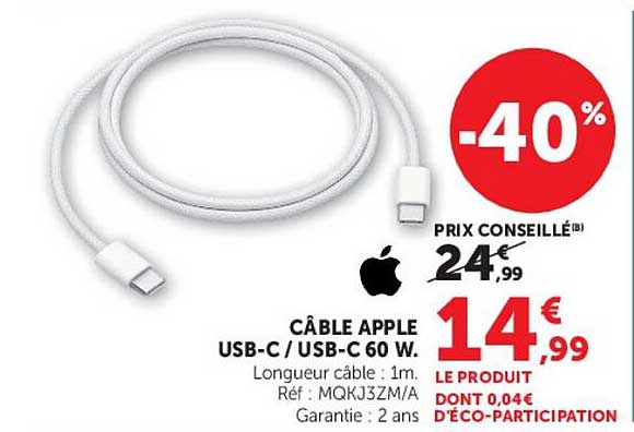 CÂBLE APPLE USB-C / USB-C 60 W.