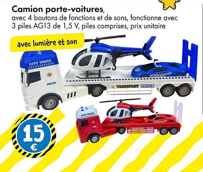 Camion porte-voitures, avec 4 boutons de fonctions et de sons, fonctionne avec 3 piles AG13 de 1,5 V, piles comprises, prix unitaire