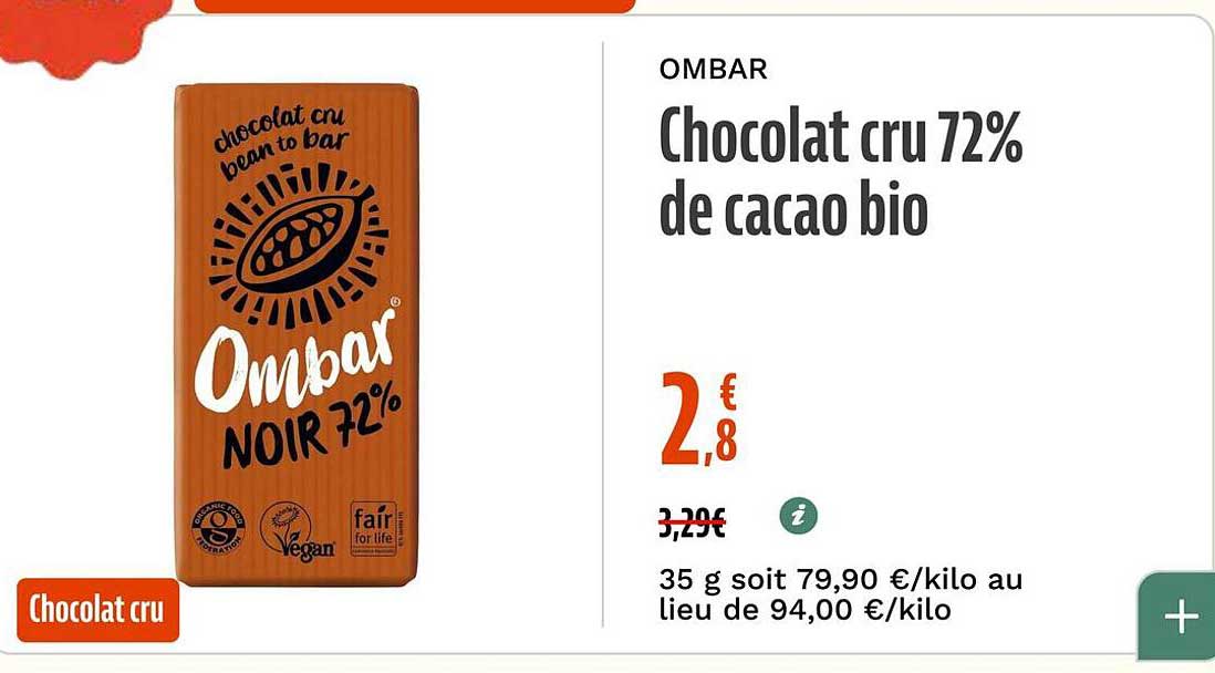 Chocolat cru 72% de cacao bio