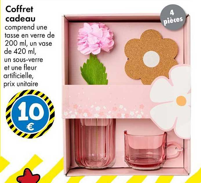 Coffret cadeau comprend une tasse en verre de 200 ml, une vase de 420 ml, un sous-verre et une fleur artificielle, prix unitaire