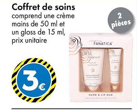 Coffret de soins comprend une crème mains de 50 ml et un gloss de 15 ml, prix unitaire