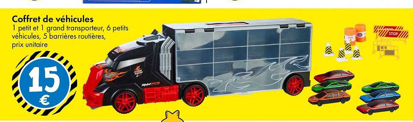 Coffret de véhicules 1 petit et 1 grand transporteur, 6 petits véhicules, 5 barrières routières, prix unitaire