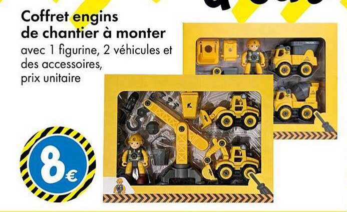 Coffret engins de chantier à monter avec 1 figurine, 2 véhicules et des accessoires, prix unitaire