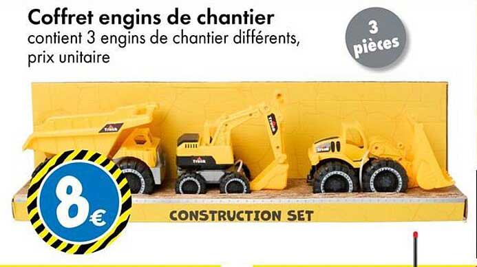 Coffret engins de chantier contient 3 engins de chantier différents, prix unitaire