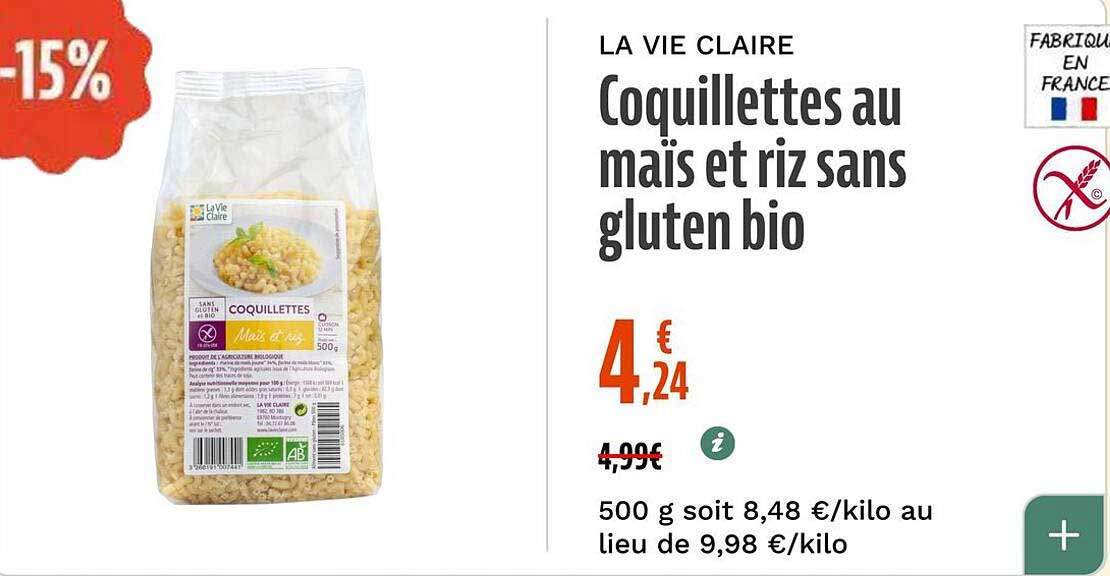 Coquillettes au maïs et riz sans gluten bio