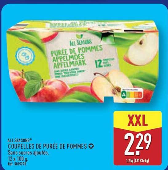 COUPELLES DE PURÉE DE POMMES Sans sucres ajoutés, 12 x 100 g.