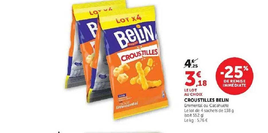 CROUSTILLES BELIN Emmental ou Cacahuète Le lot de 4 sachets de 138 g (soit 552 g)
