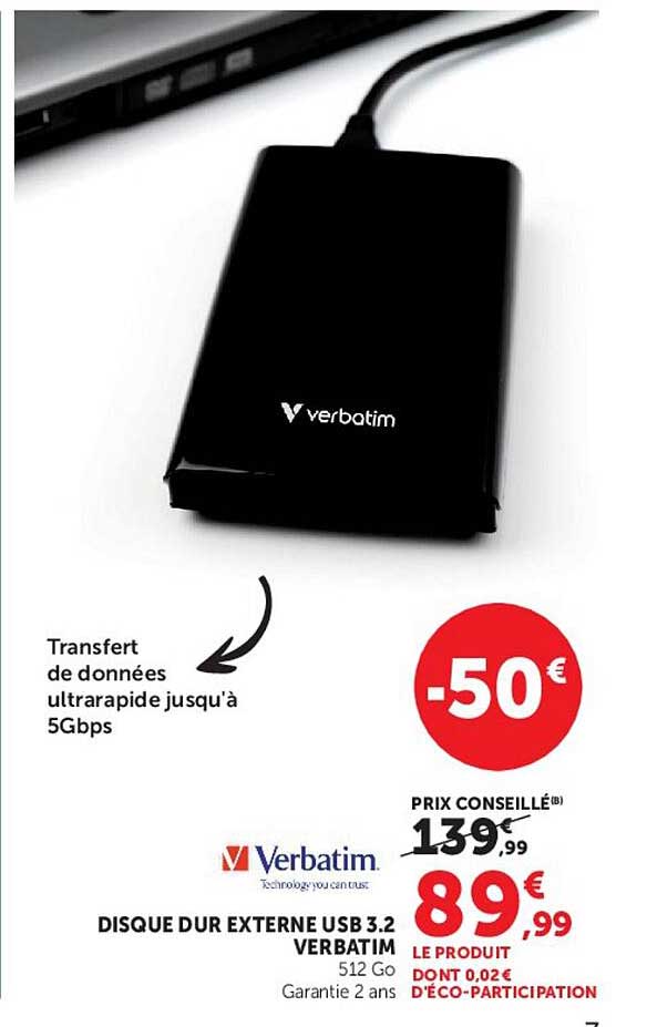 DISQUE DUR EXTERNE USB 3.2 VERBATIM 512 Go Garantie 2 ans