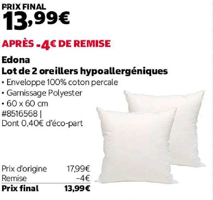 Edona Lot de 2 oreillers hypoallergéniques