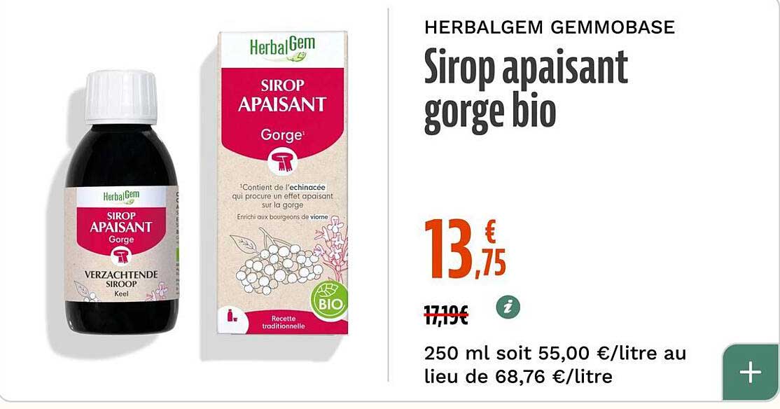 HERBALGEM GEMMOMBASE Sirop apaisant gorge bio