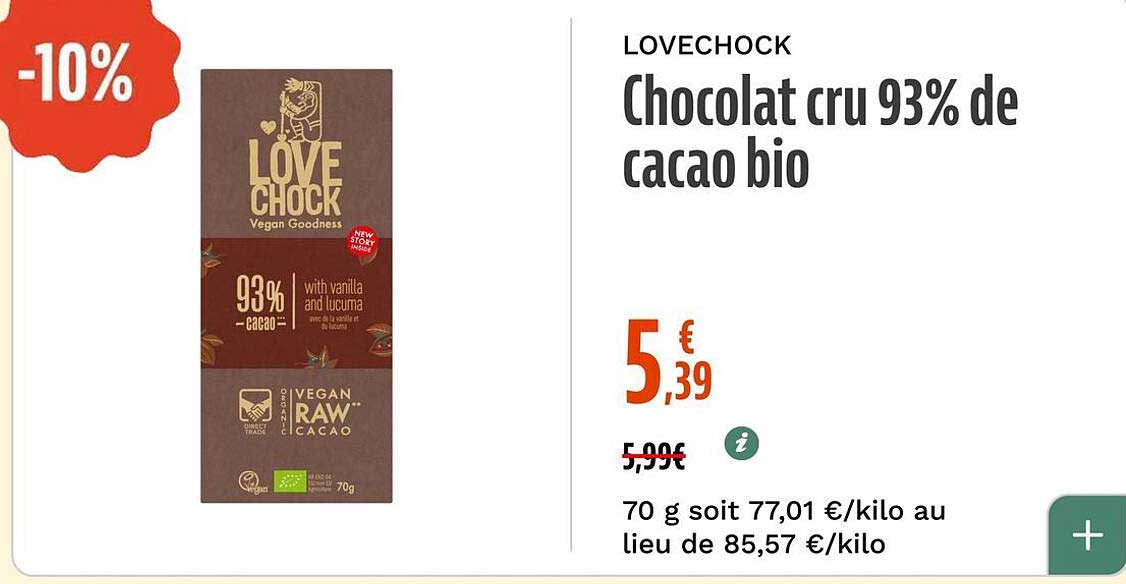 LOVECHOCK Chocolat cru 93% de cacao bio