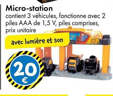 Micro-station contient 3 véhicules, fonctionne avec 2 piles AAA de 1,5 V, piles comprises, prix unitaire avec lumière et son