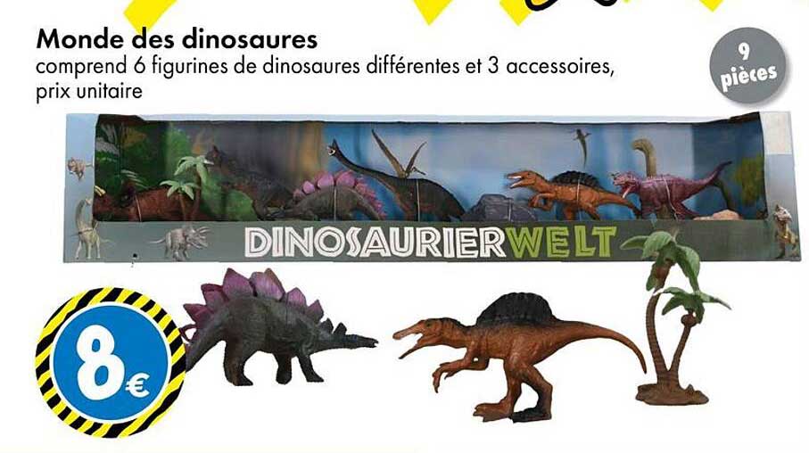 Monde des dinosaures comprend 6 figurines de dinosaures différentes et 3 accessoires, prix unitaire