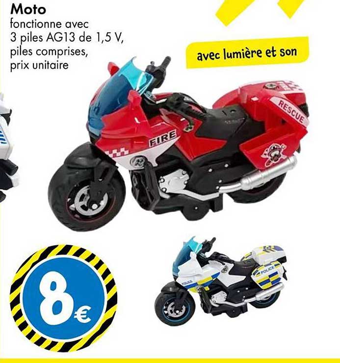 Moto fonctionne avec 3 piles AG13 de 1,5 V, piles comprises, prix unitaire avec lumière et son