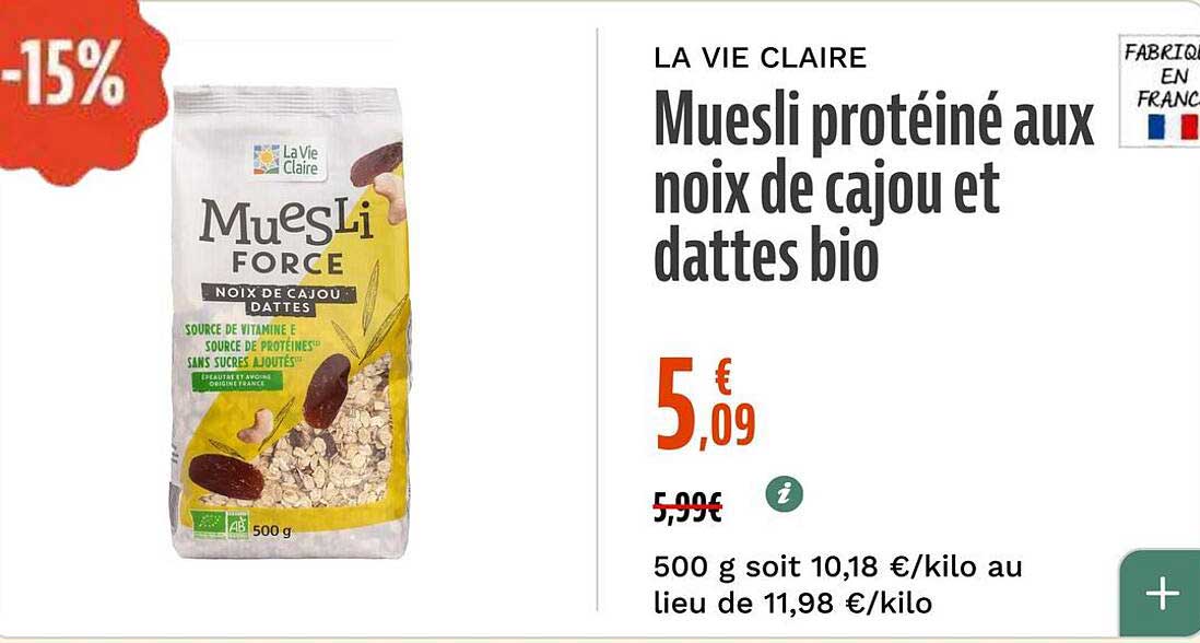 Muesli protéiné aux noix de cajou et dattes bio