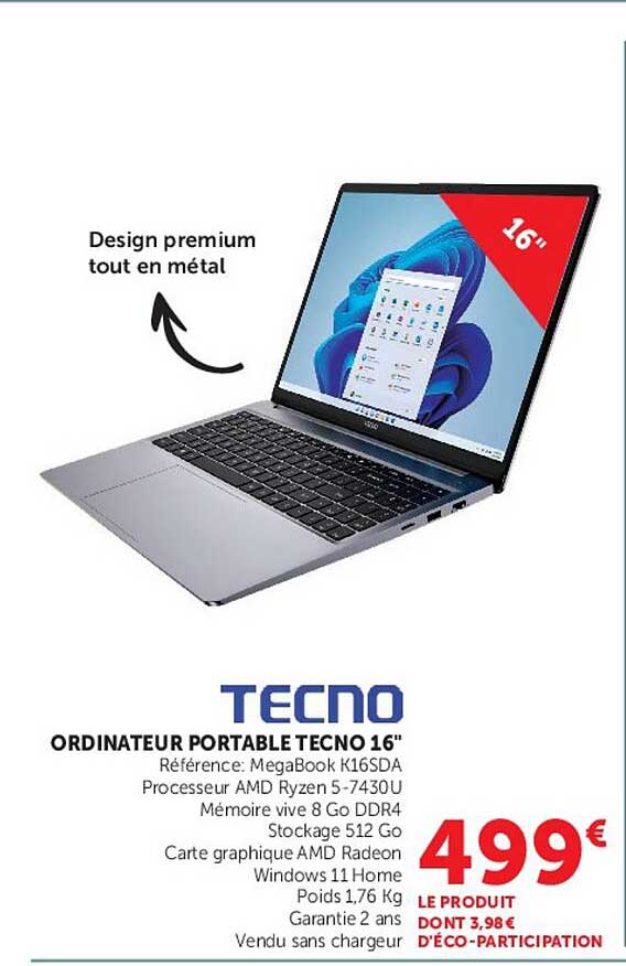 ORDINATEUR PORTABLE TECNO 16"