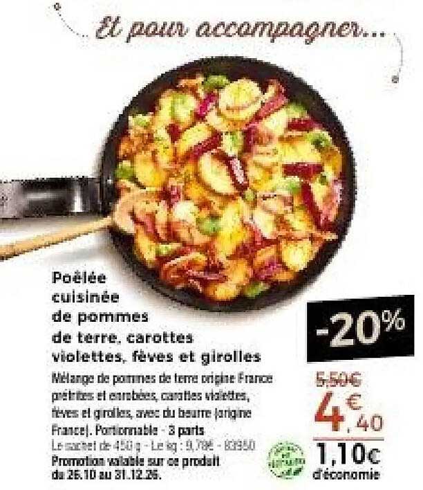 Poêlée cuisinée de pommes de terre, carottes violettes, fèves et girolles