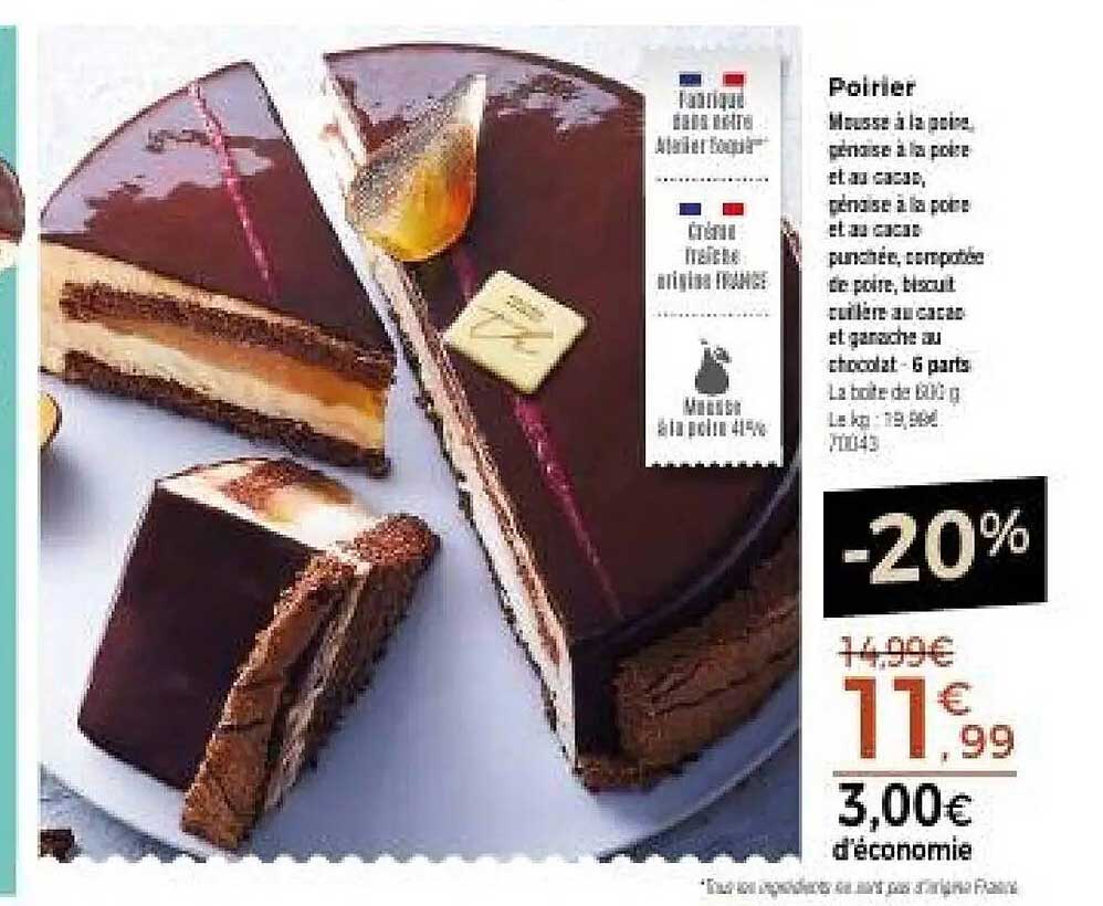 Poirier Mousse à la poire, ganache à la poire et au cacao, génoise à la poire et au cacao, pêches, compotée de poire, biscuit cuillère au cacao et ganache au chocolat - 6 parts