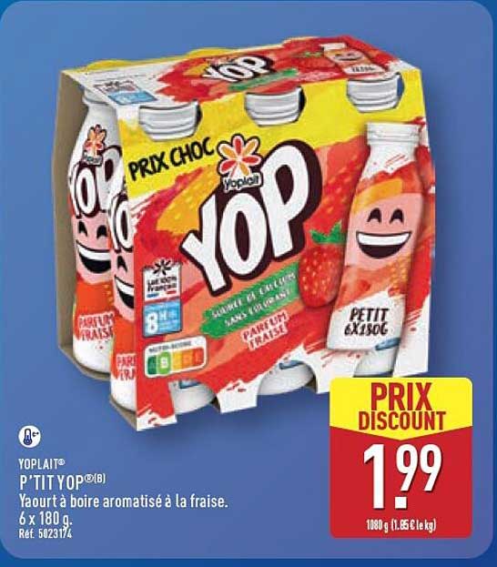 P'TIT YOP®(B) Yaourt à boire aromatisé à la fraise. 6 x 180 g.