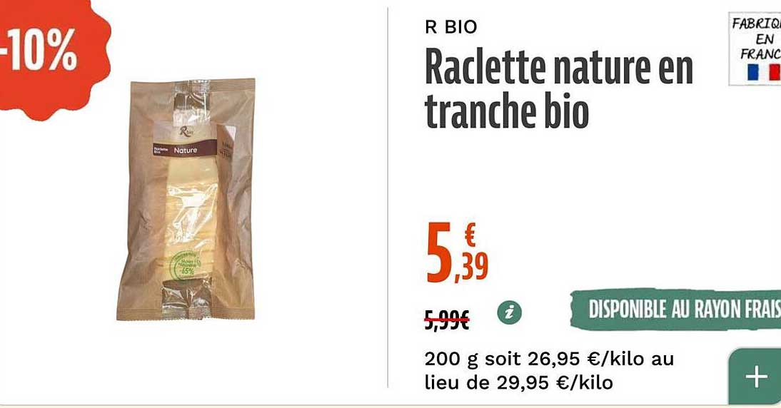 R BIO Raclette nature en tranche bio