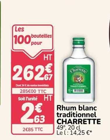 Rhum blanc traditionnel CHARRETTE 49°, 20 cl