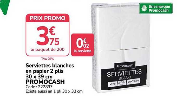 Serviettes blanches en papier 2 plis 30 x 39 cm PROMOCASH