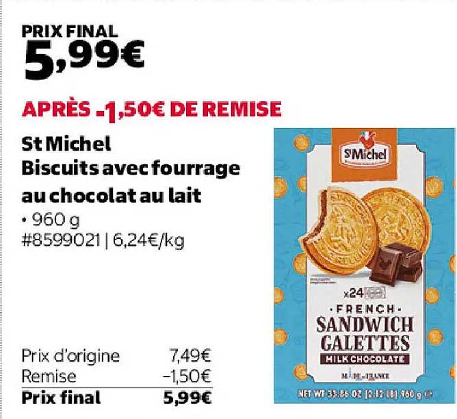 St Michel Biscuits avec fourrage au chocolat au lait