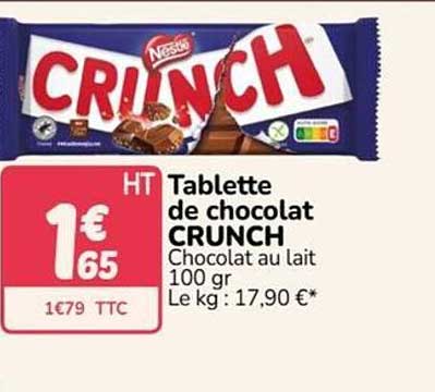 Tablette de chocolat CRUNCH Chocolat au lait 100 gr Le kg : 17,90 €*