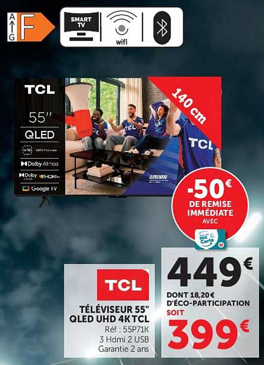 TÉLÉVISEUR 55" QLED UHD 4K TCL Réf : 55P71K 3 Hdmi 2 USB Garantie 2 ans