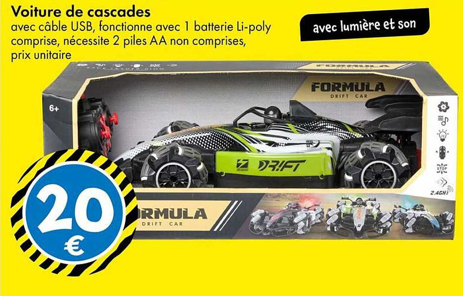 Voiture de cascades avec câble USB, fonctionne avec 1 batterie Li-poly comprise, nécessite 2 piles AA non comprises, prix unitaire avec lumière et son