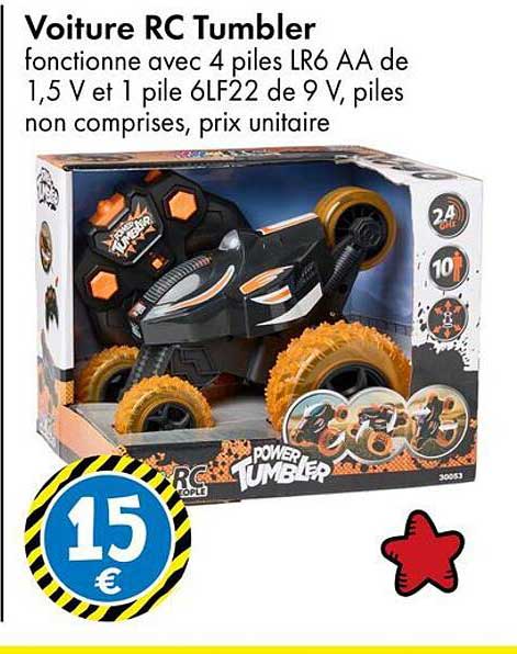Voiture RC Tumbler fonctionne avec 4 piles LR6 AA de 1,5 V et 1 pile 6LF22 de 9 V, piles non comprises, prix unitaire