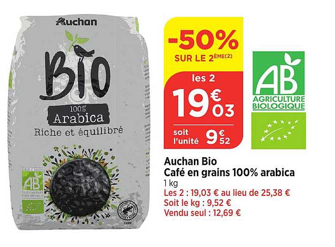 Auchan Bio Café en grains 100% arabica